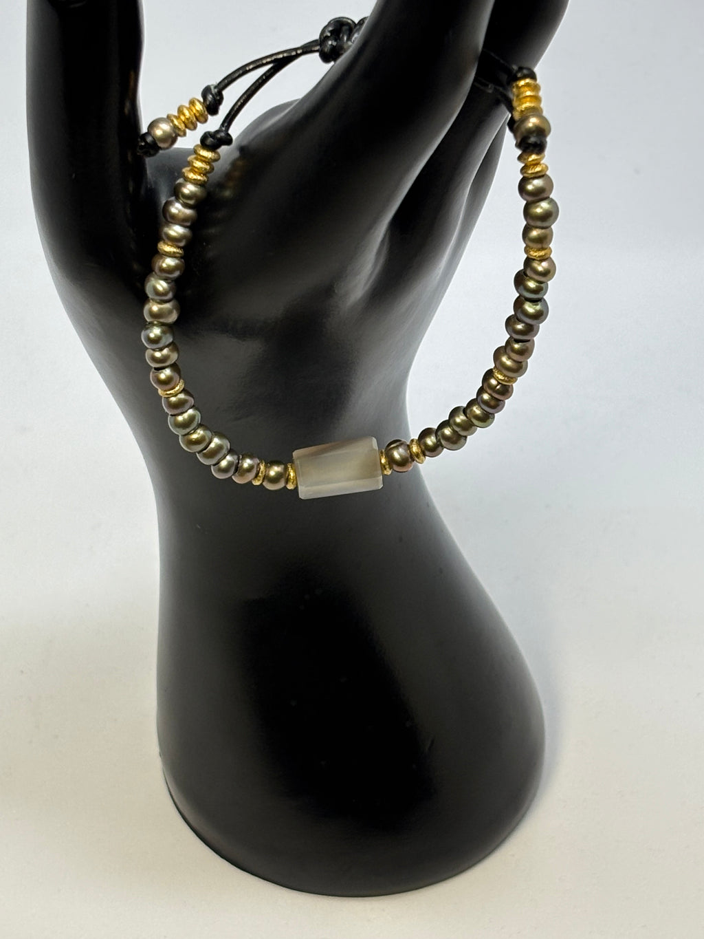 Sage Green Pearl with Blue/Grey Chalcedony and Gold on leather slider bracelet