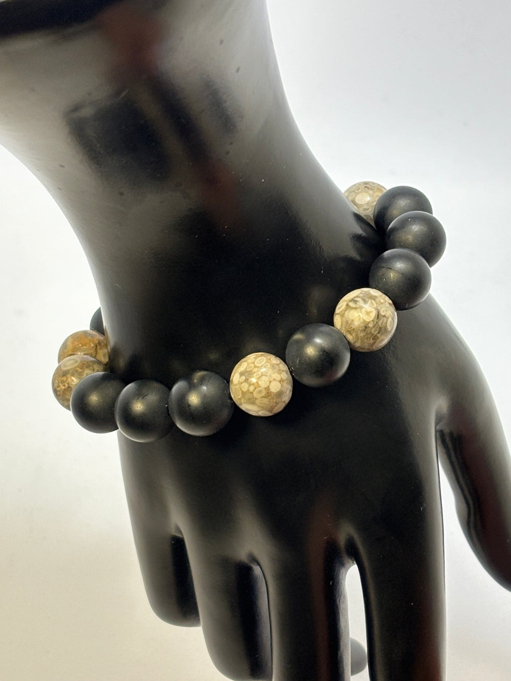 Fossilized Maifanite and Black Onyx bracelet