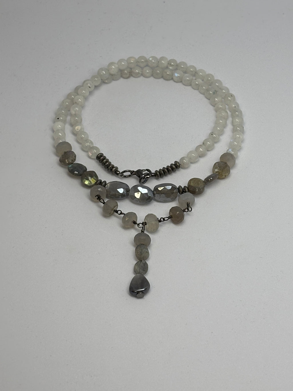Rainbow Moonstone, Labradorite, Chalcedony with Black Gold necklace