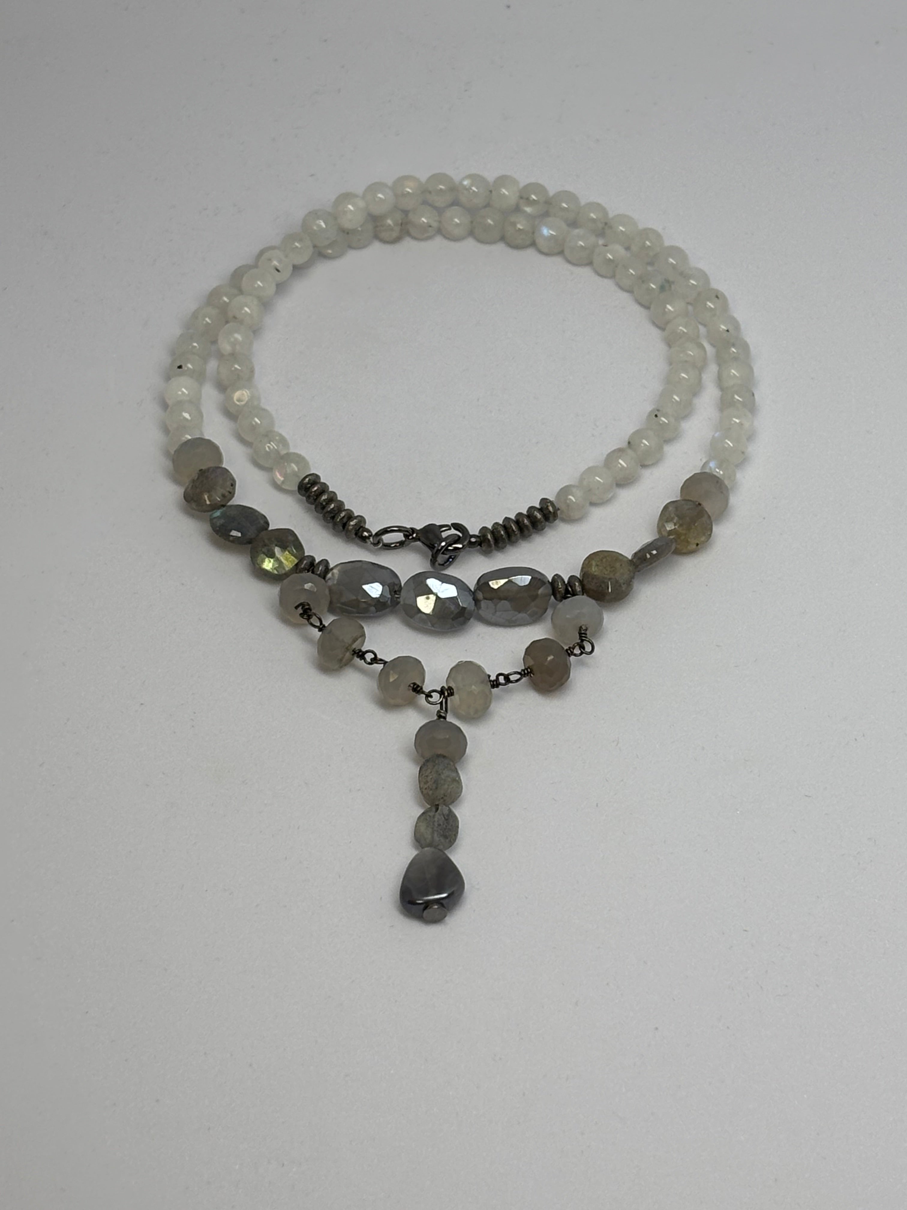 Rainbow Moonstone, Labradorite, Chalcedony with Black Gold necklace