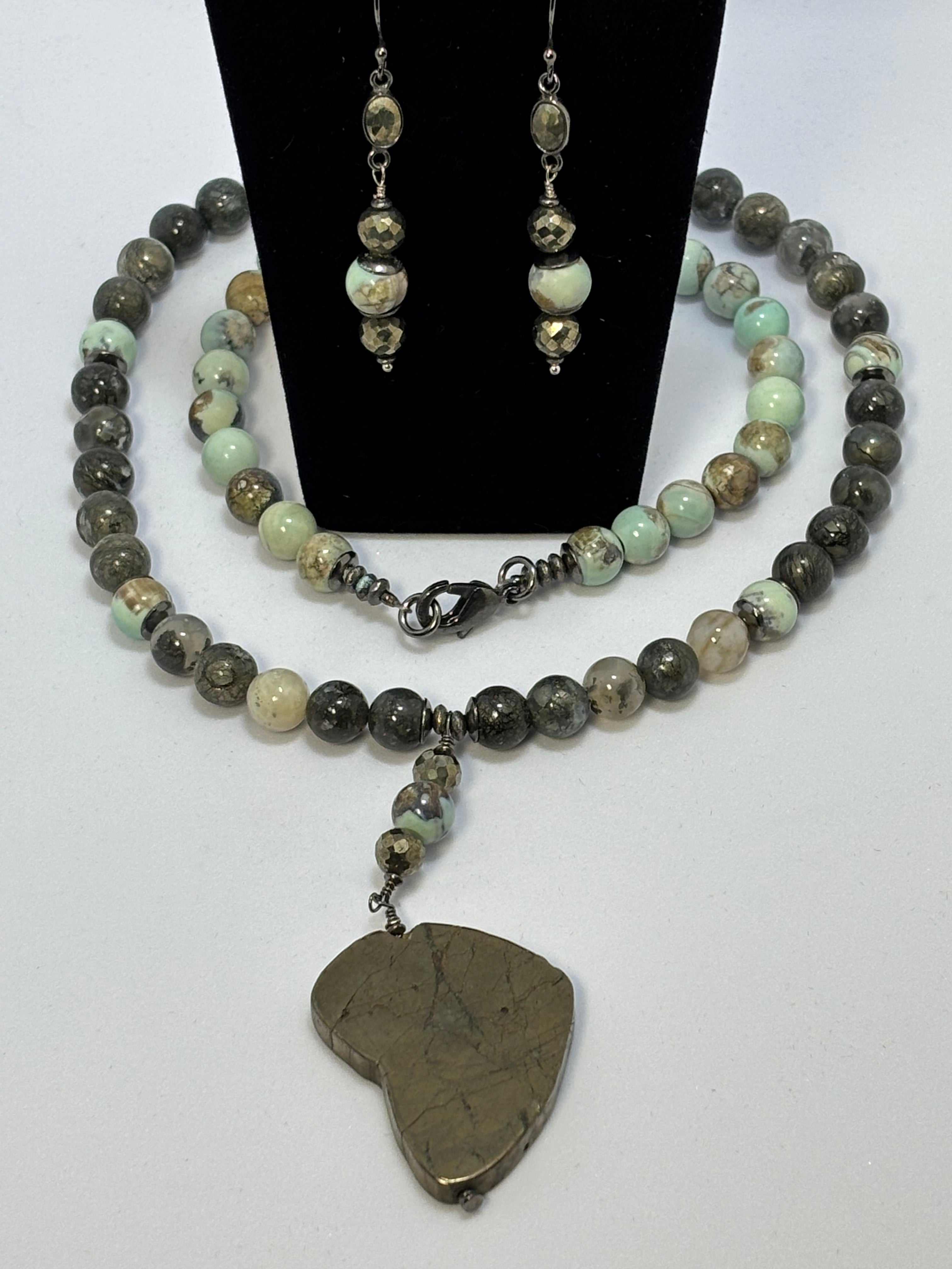 Agate and Pyrite with Africa Shaped pendant on Black Gold Set