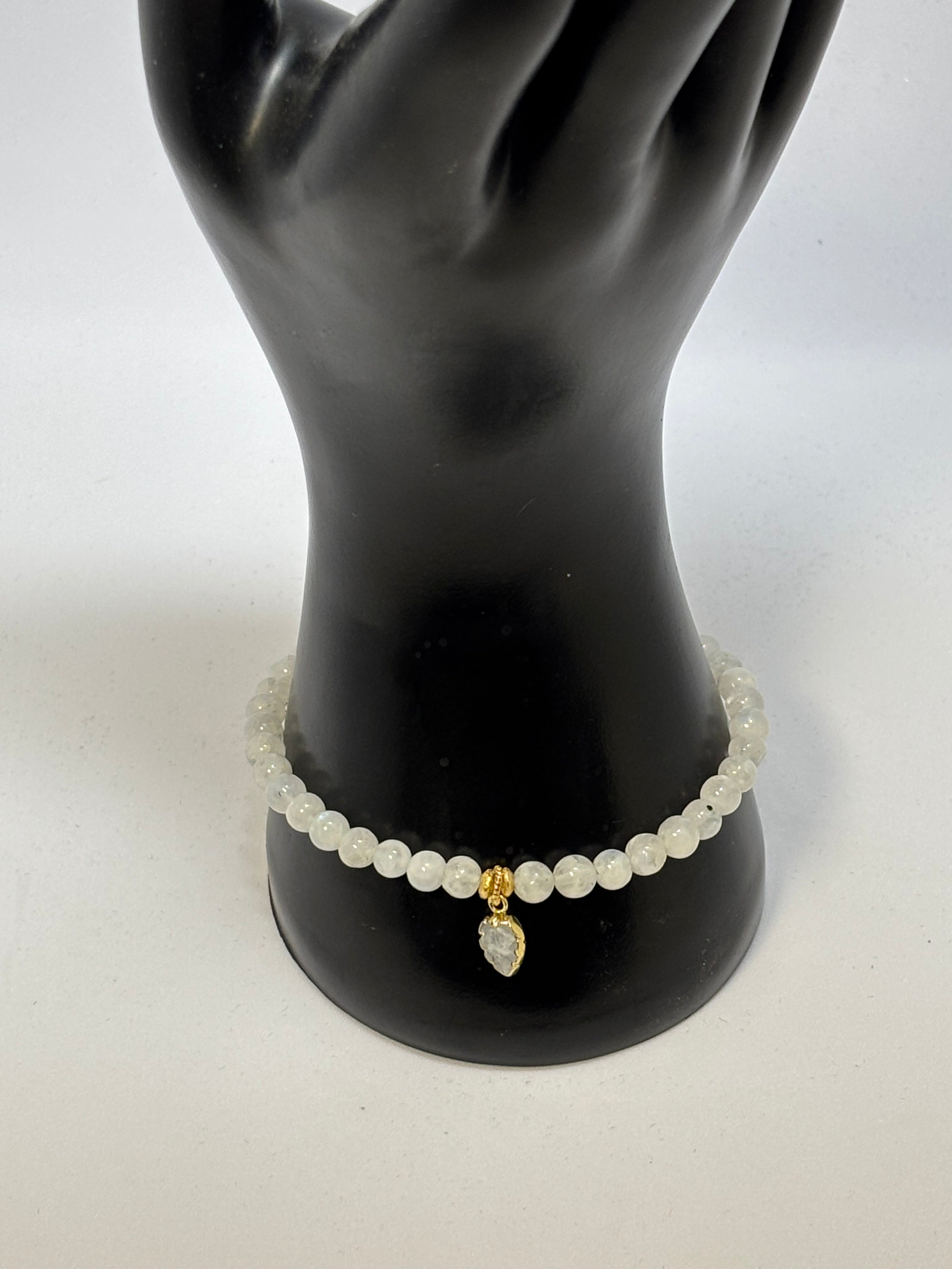 Rainbow Moonstone with Leaf Pendant and Gold bracelet