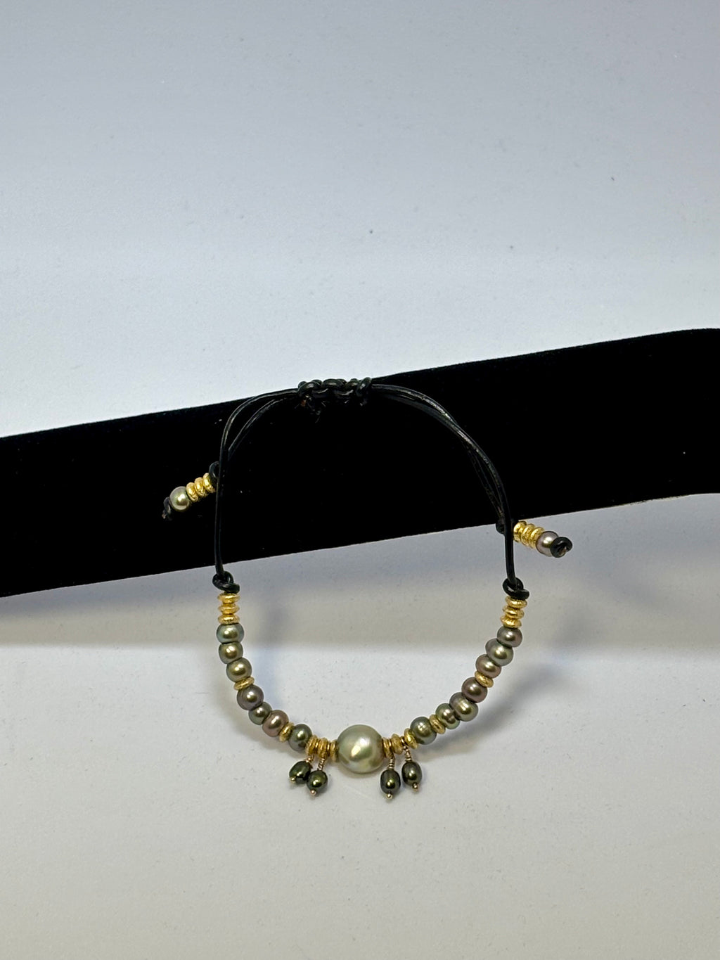 Sage Green and Pink Pearls with Gold on black leather slider bracelet