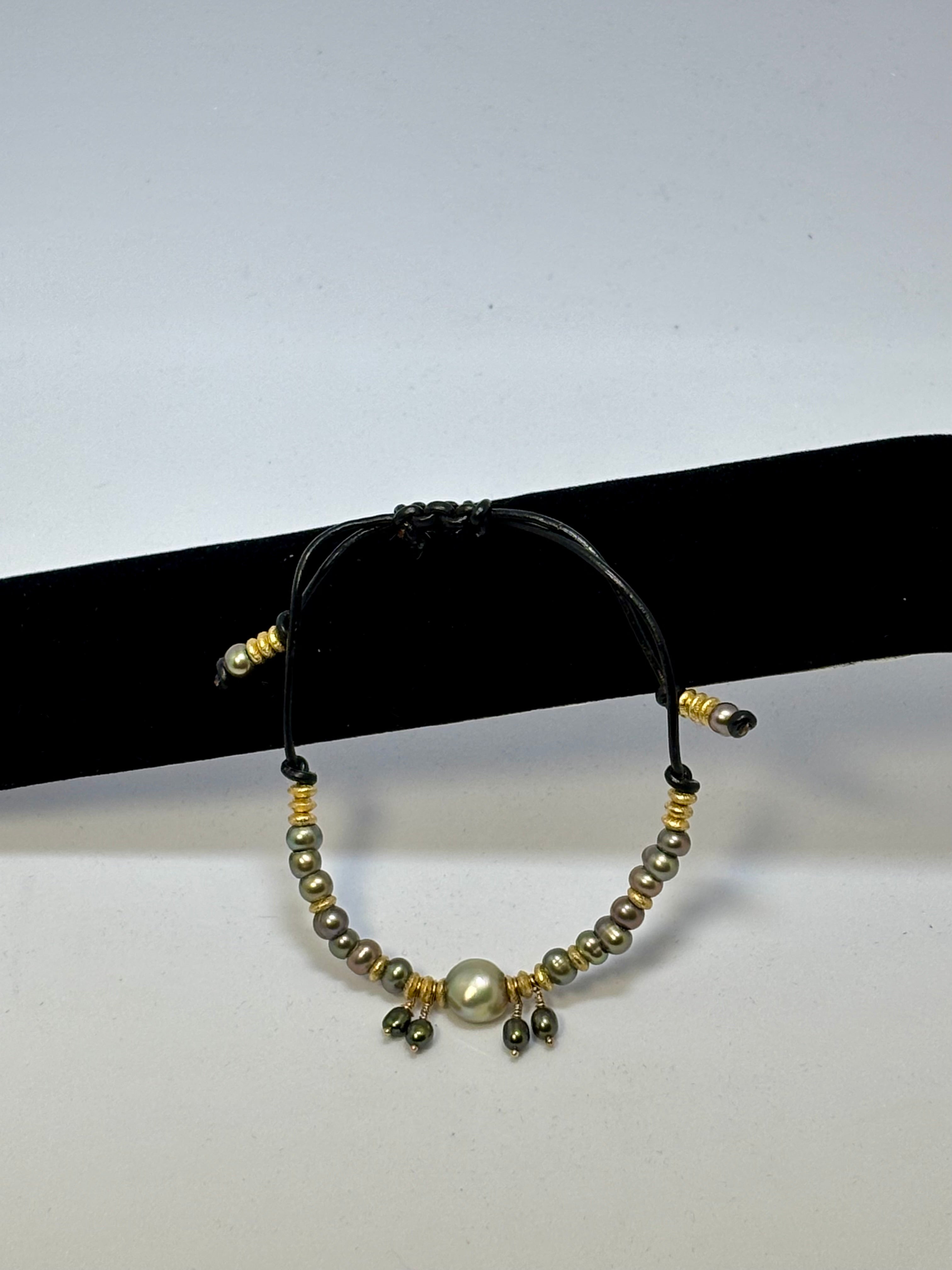 Sage Green and Pink Pearls with Gold on black leather slider bracelet