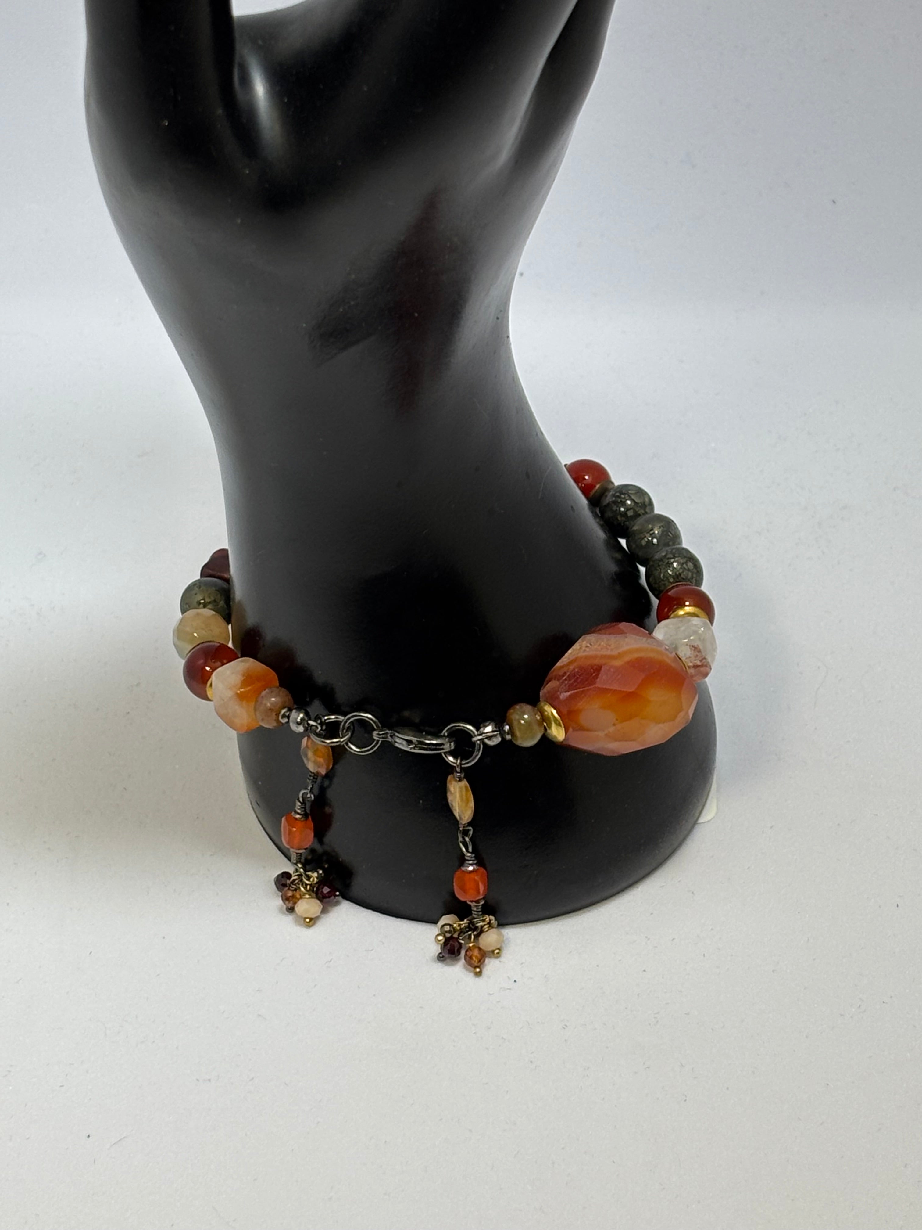 Red Agate, Carnelian and Pyrite with Multi-gem dangles Black Gold bracelet