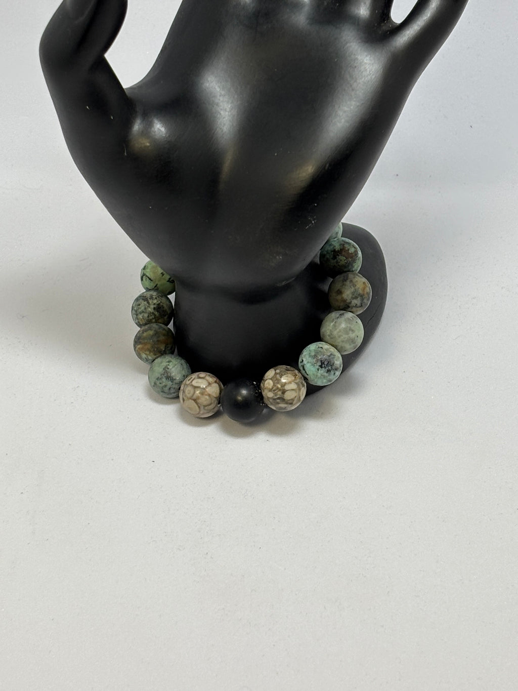 African Turquoise Fossilized Maifanite and Black Onyx bracelet