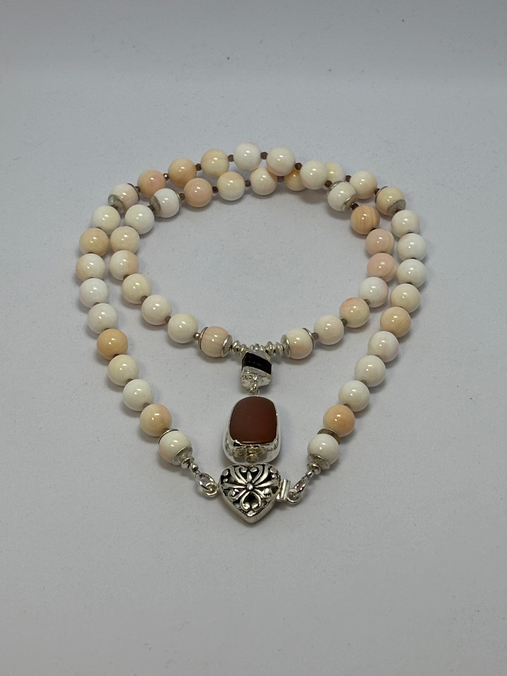 Peach Moonstone, Shell and Tourmaline with Sterling Silver necklace