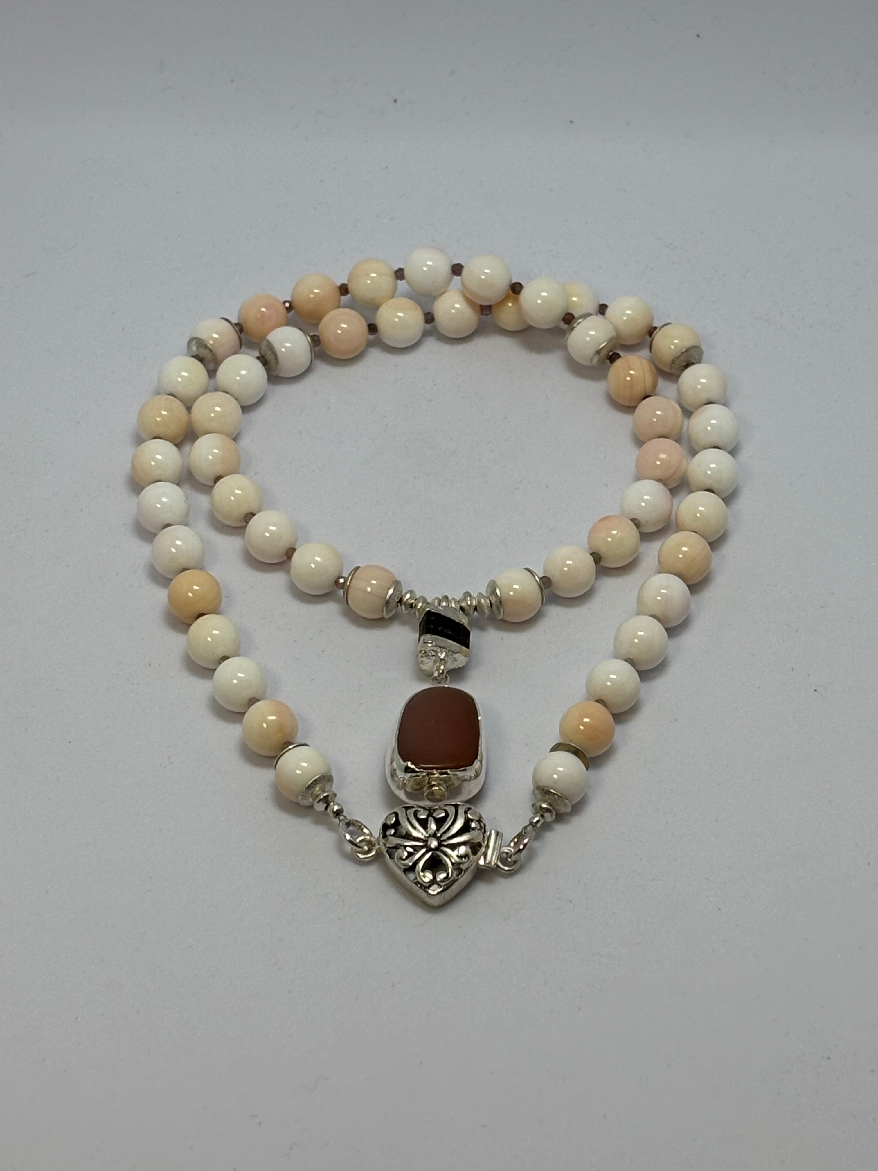 Peach Moonstone, Shell and Tourmaline with Sterling Silver necklace