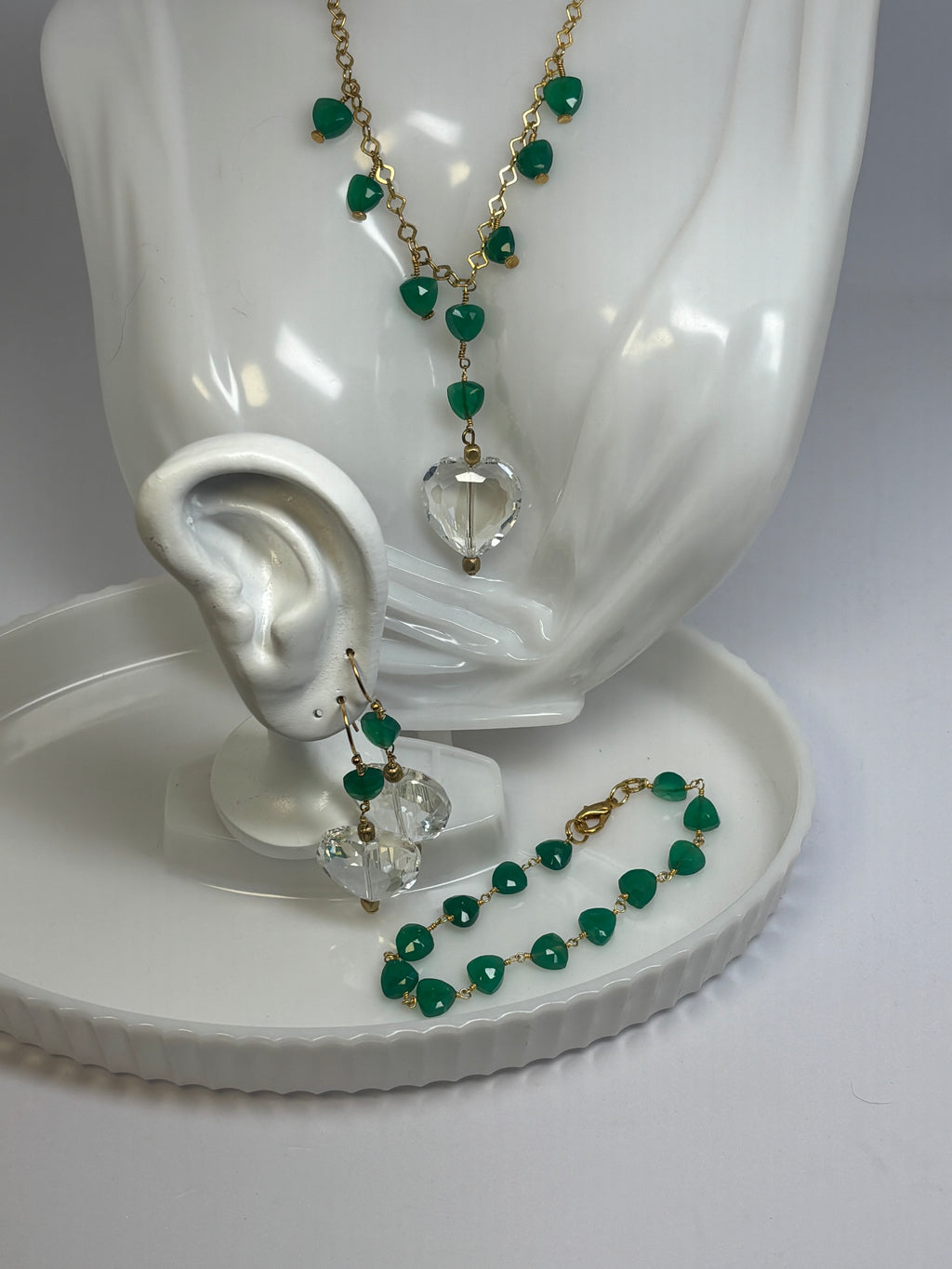 Green Onyx and Glass Hearts Gold Set