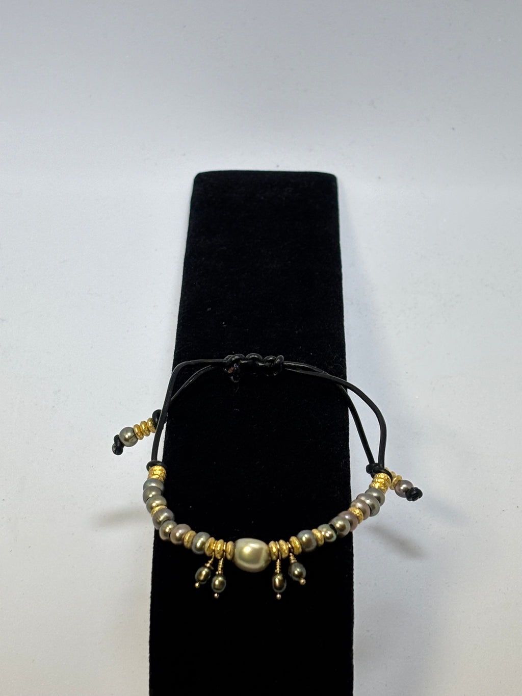 Sage Green and Pink Pearls with Gold on black leather slider bracelet
