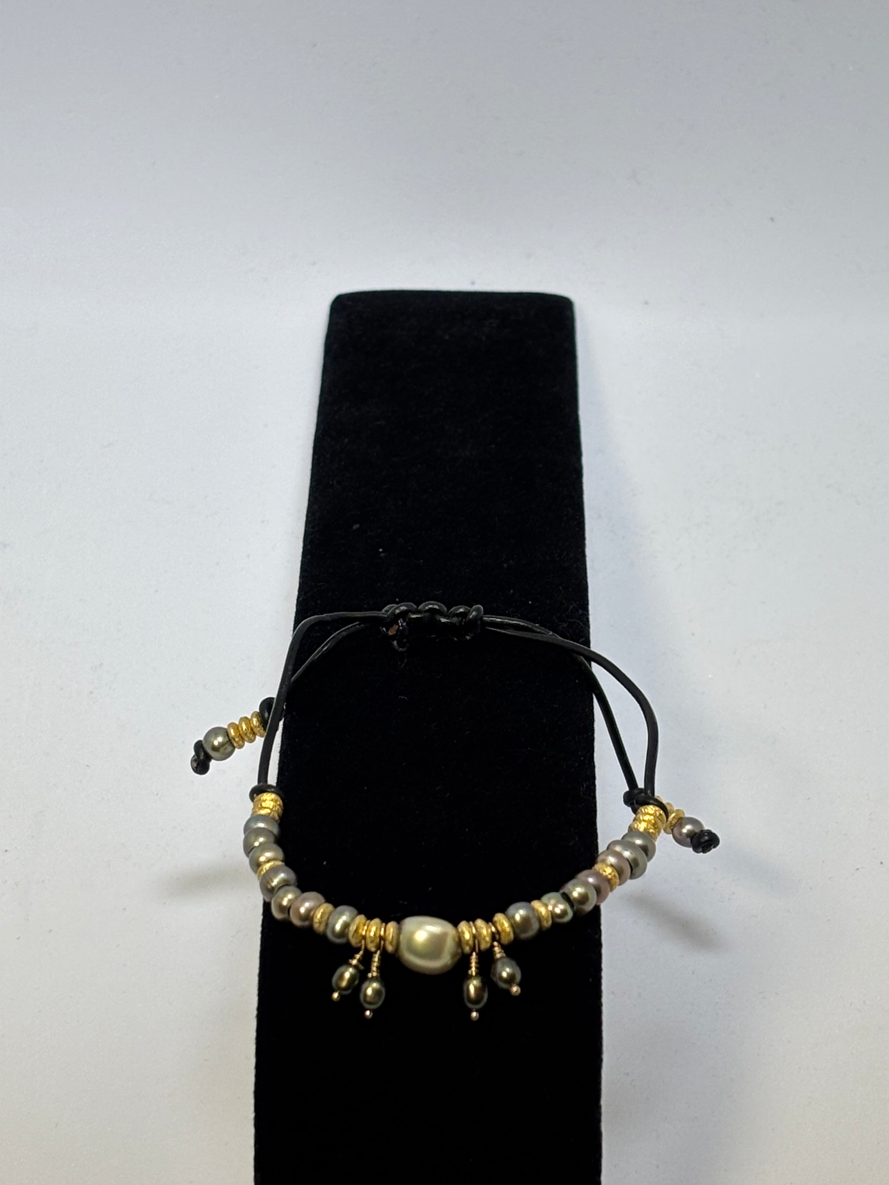 Sage Green and Pink Pearls with Gold on black leather slider bracelet