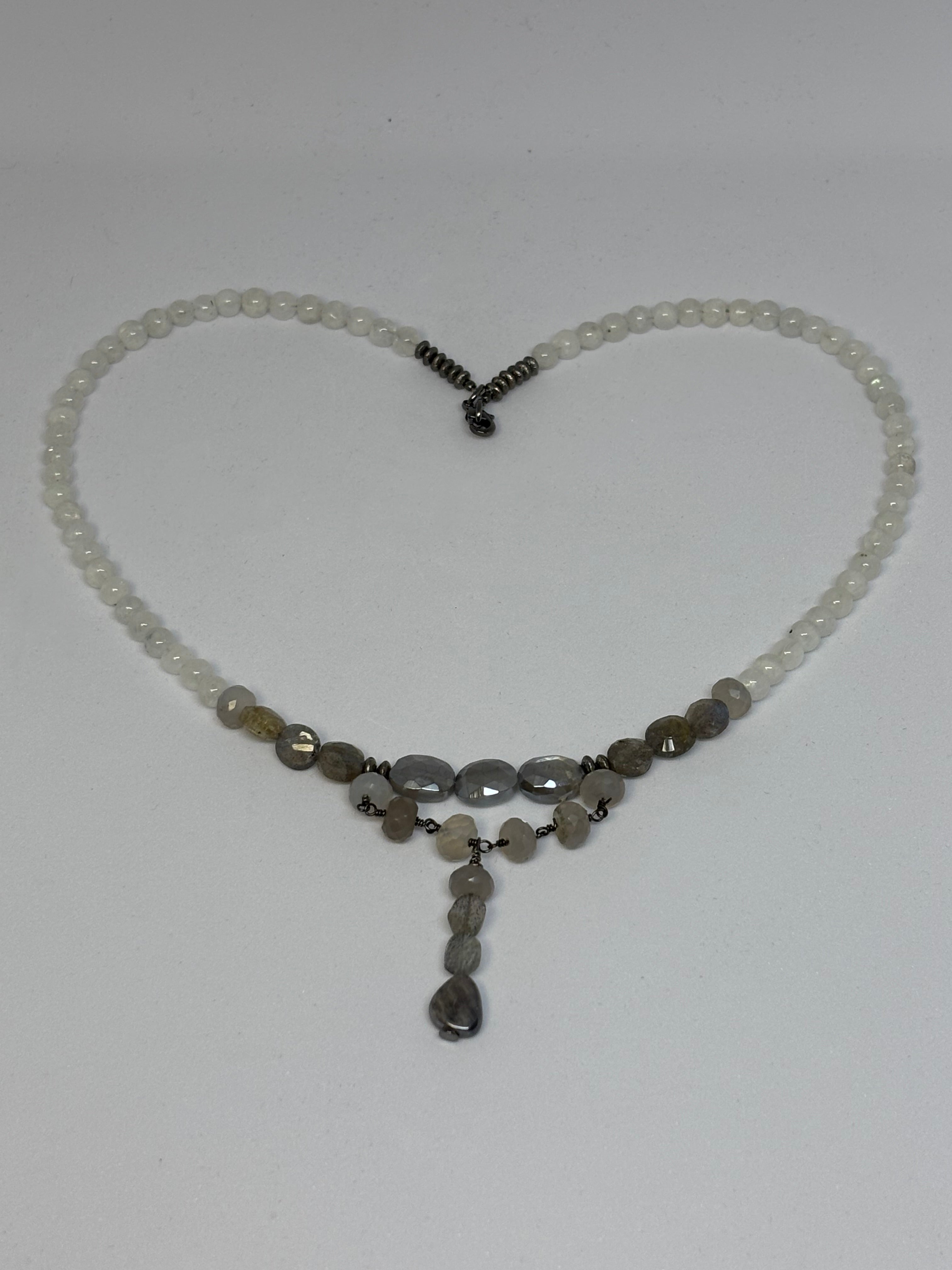 Rainbow Moonstone, Labradorite, Chalcedony with Black Gold necklace