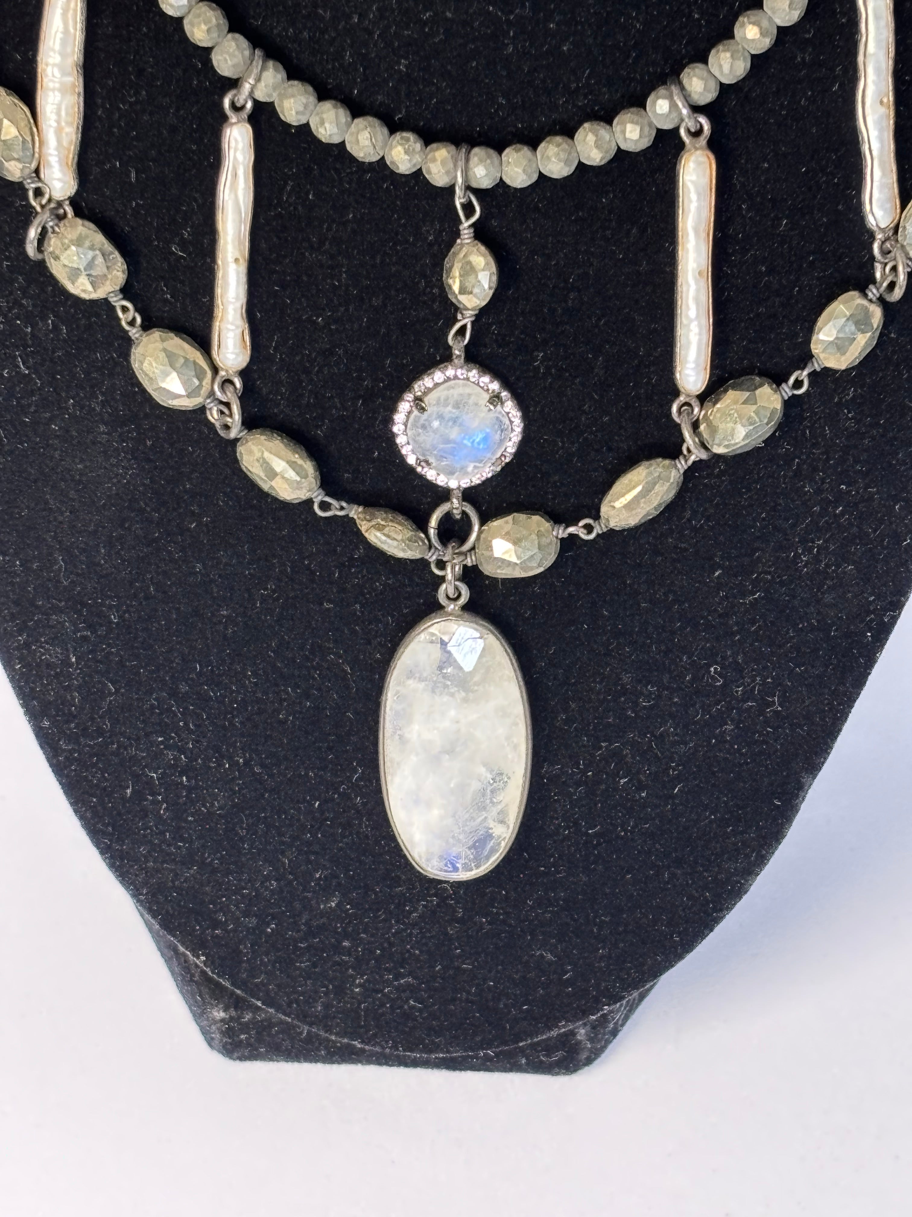 Pyrite, Rainbow Moonstone, Biwa Pearls with Black Gold double layer necklace