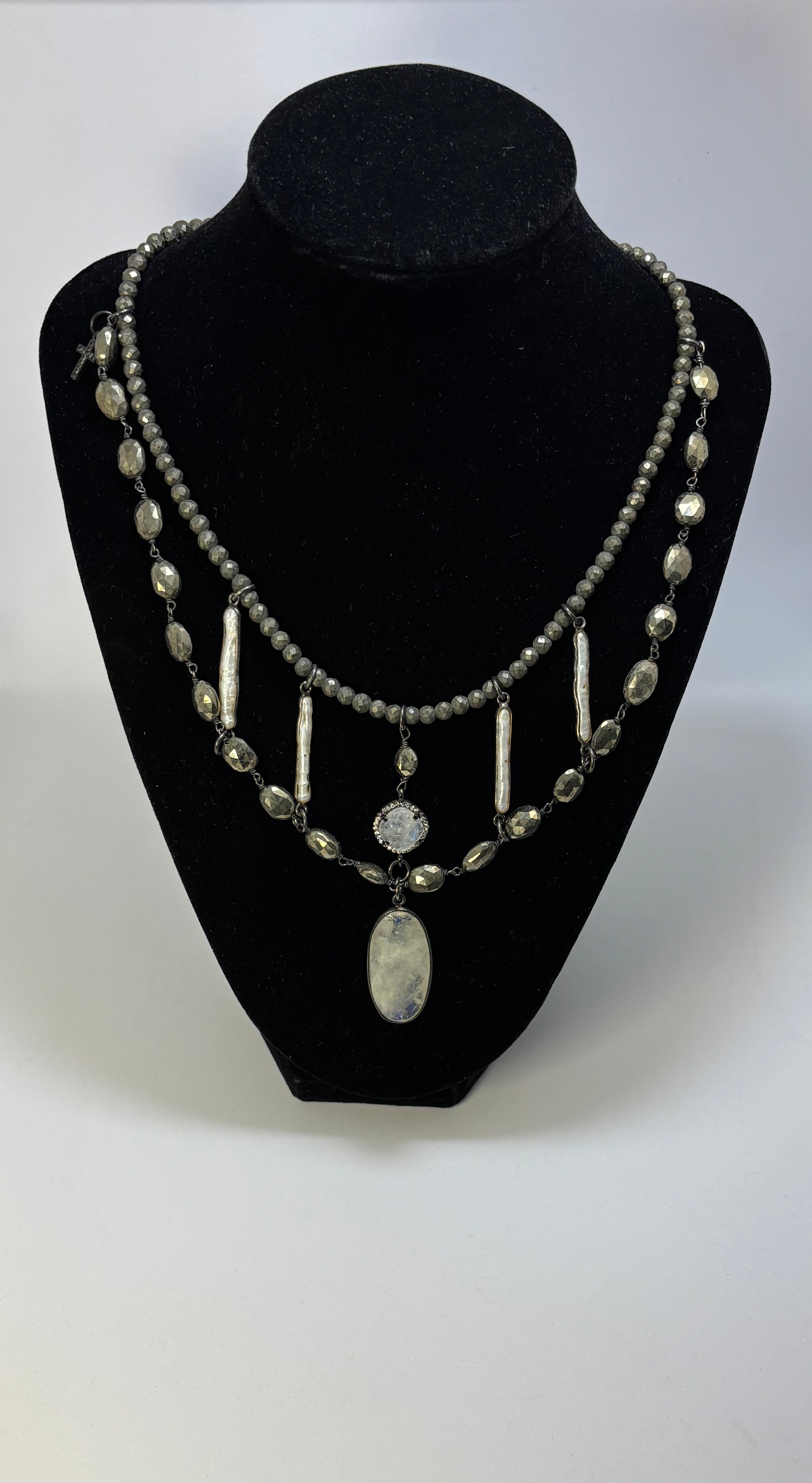 Pyrite, Rainbow Moonstone, Biwa Pearls with Black Gold double layer necklace