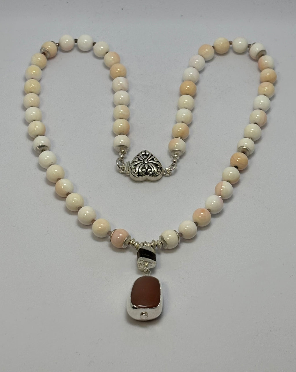 Peach Moonstone, Shell and Tourmaline with Sterling Silver necklace