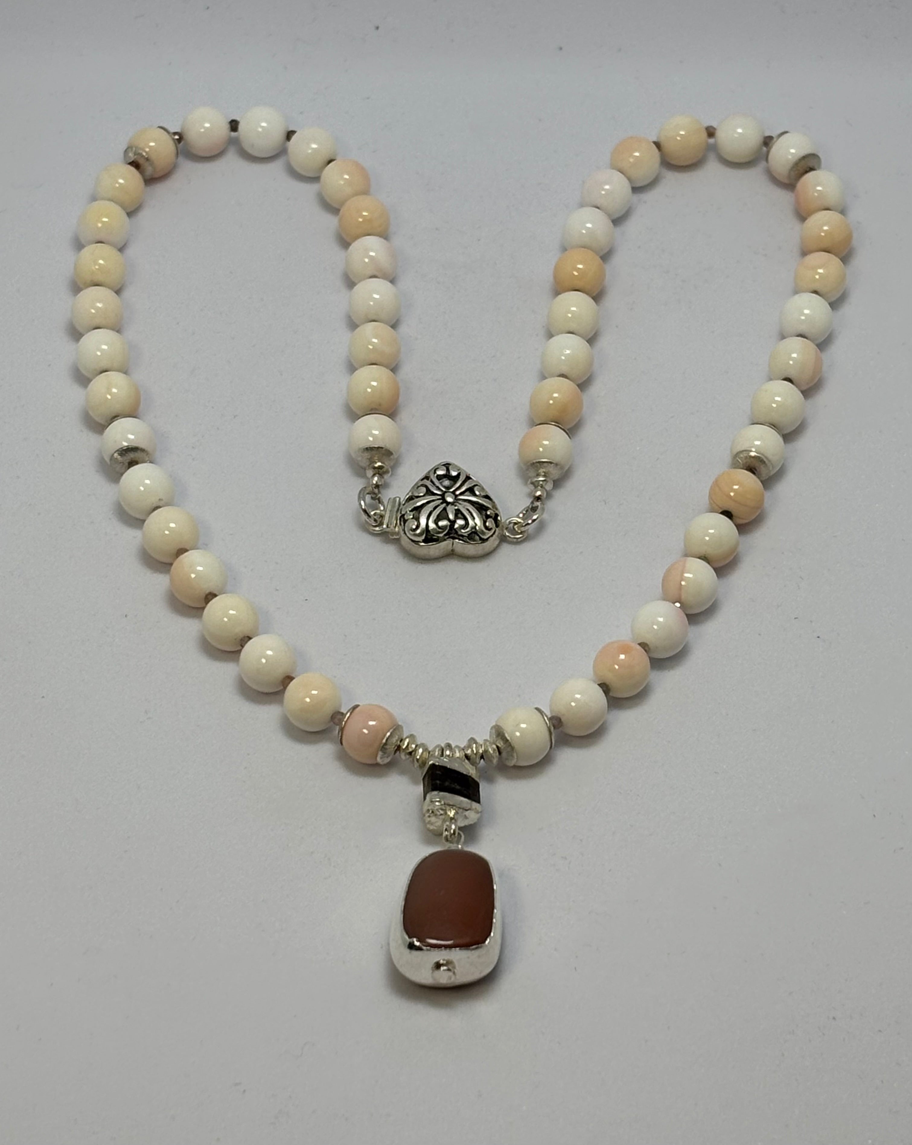 Peach Moonstone, Shell and Tourmaline with Sterling Silver necklace