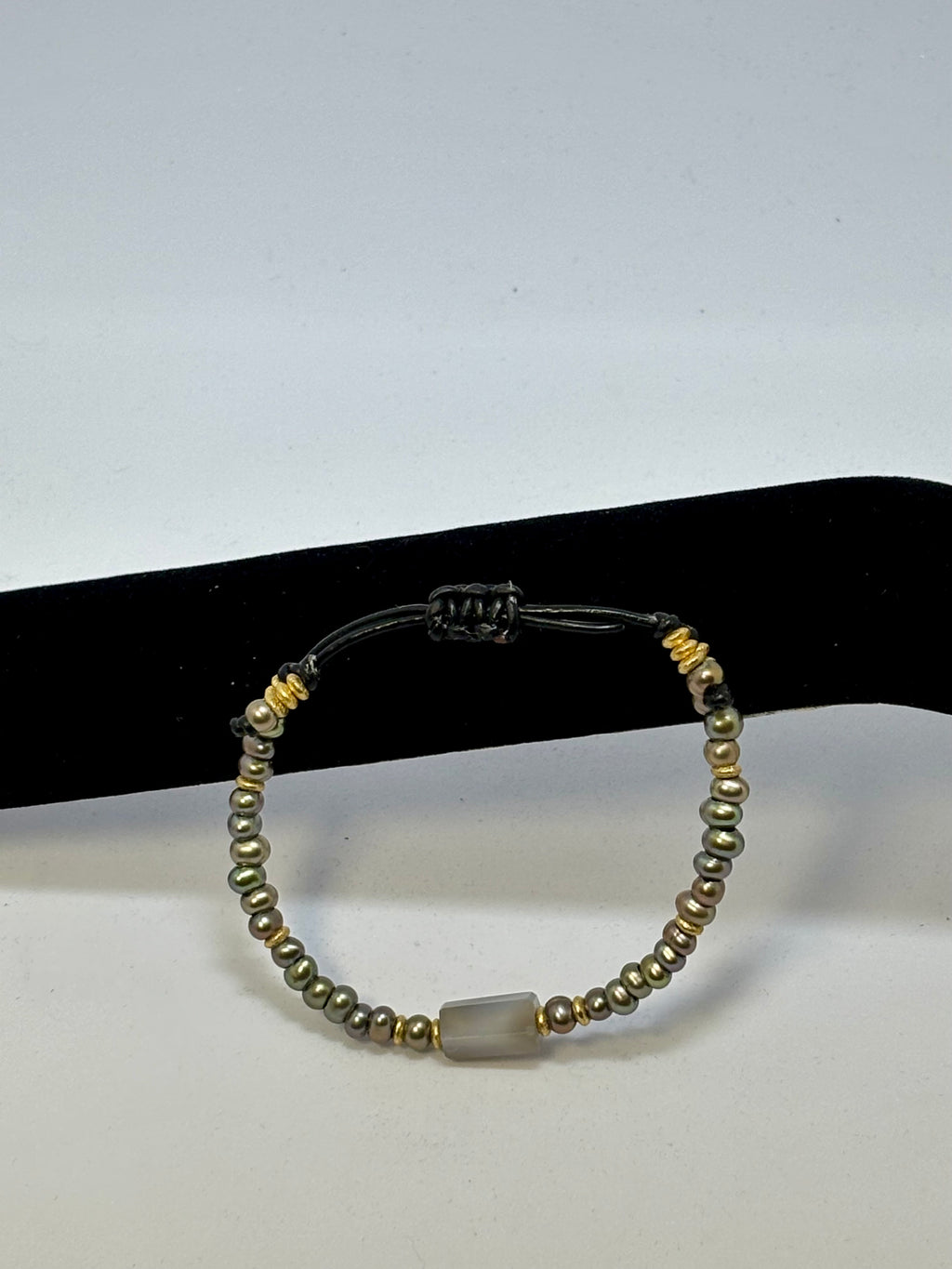 Sage Green Pearl with Blue/Grey Chalcedony and Gold on leather slider bracelet