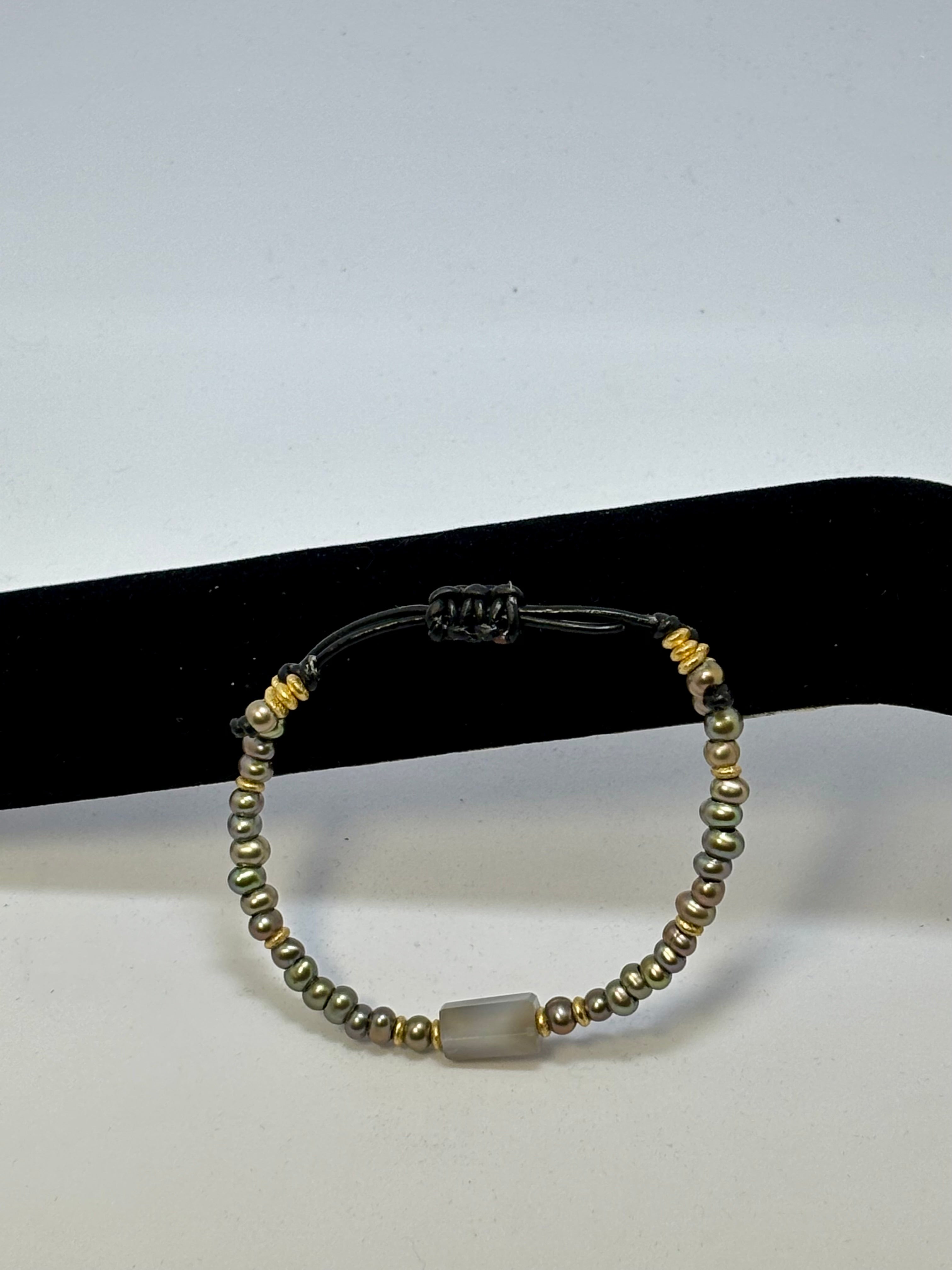 Sage Green Pearl with Blue/Grey Chalcedony and Gold on leather slider bracelet