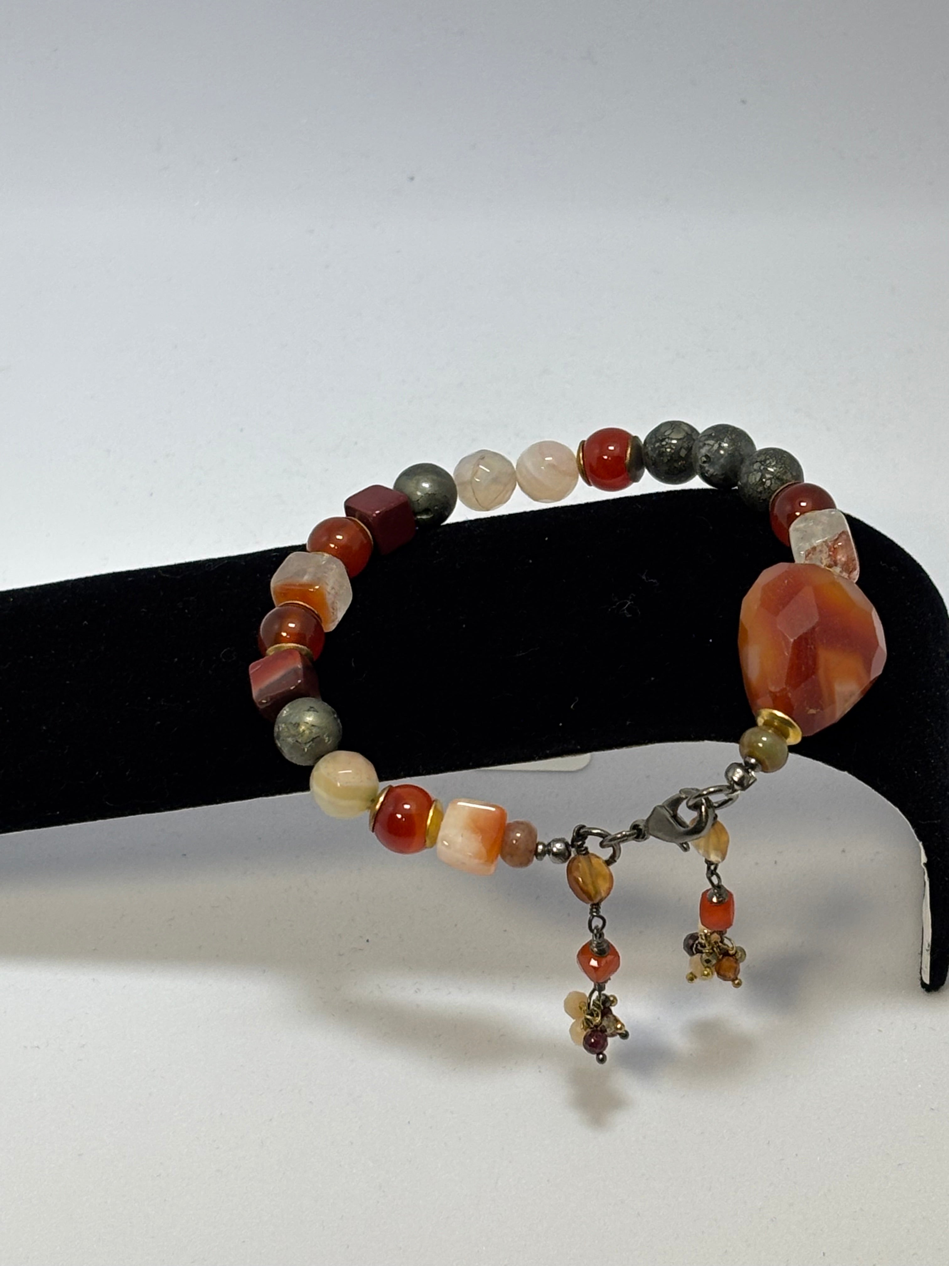 Red Agate, Carnelian and Pyrite with Multi-gem dangles Black Gold bracelet