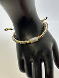 Sage Green Pearl with Blue/Grey Chalcedony and Gold on leather slider bracelet