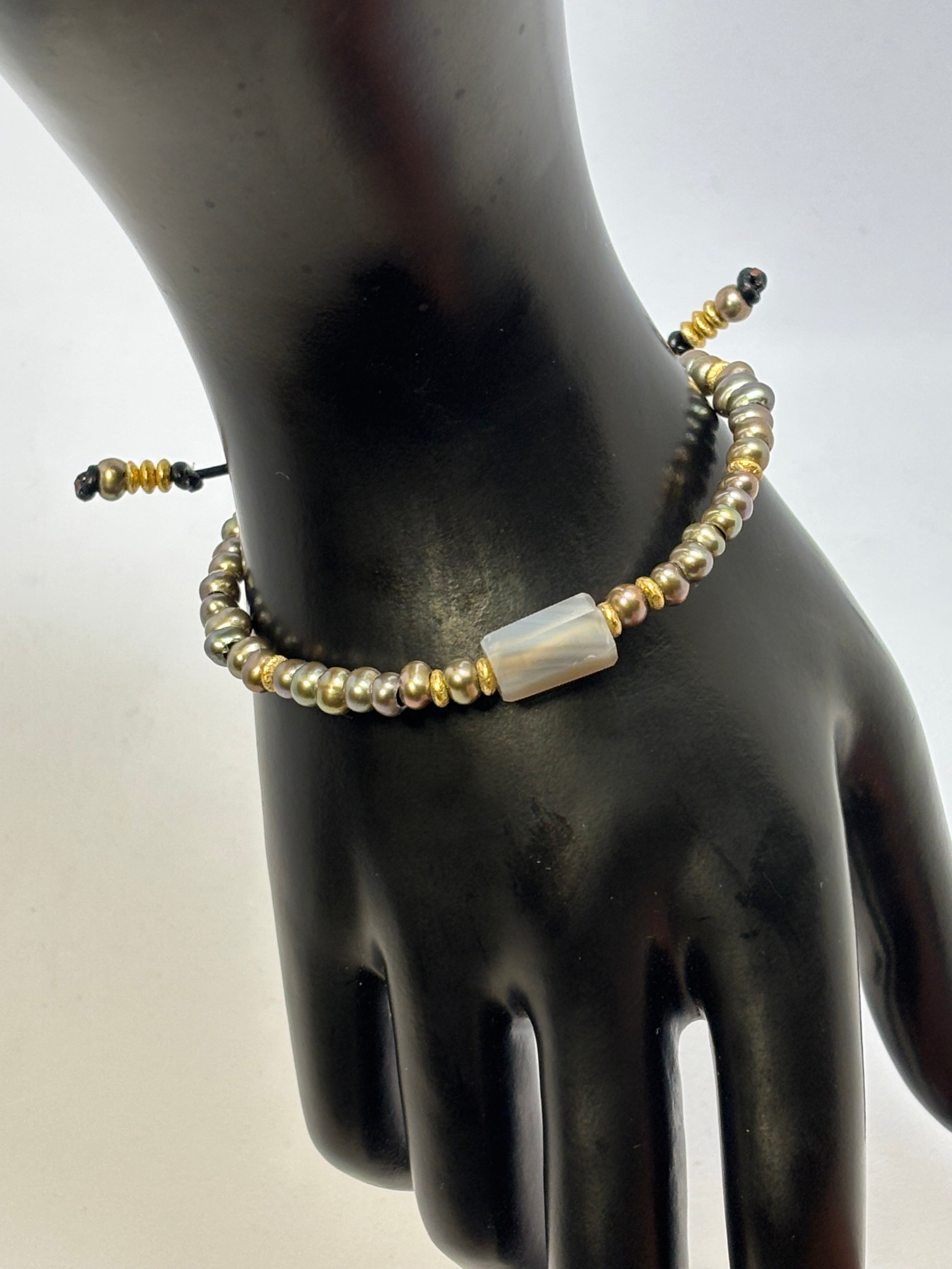Sage Green Pearl with Blue/Grey Chalcedony and Gold on leather slider bracelet