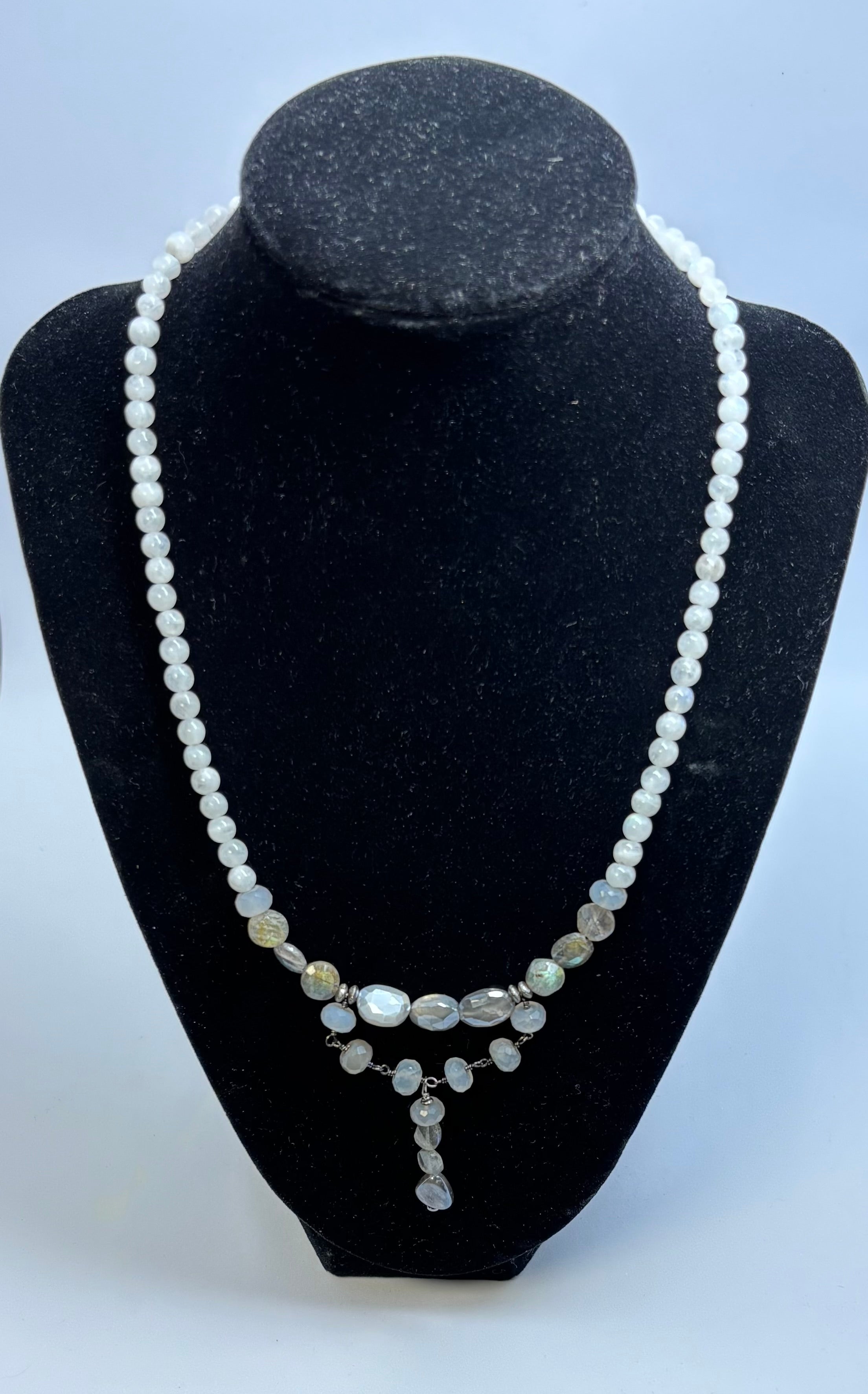 Rainbow Moonstone, Labradorite, Chalcedony with Black Gold necklace