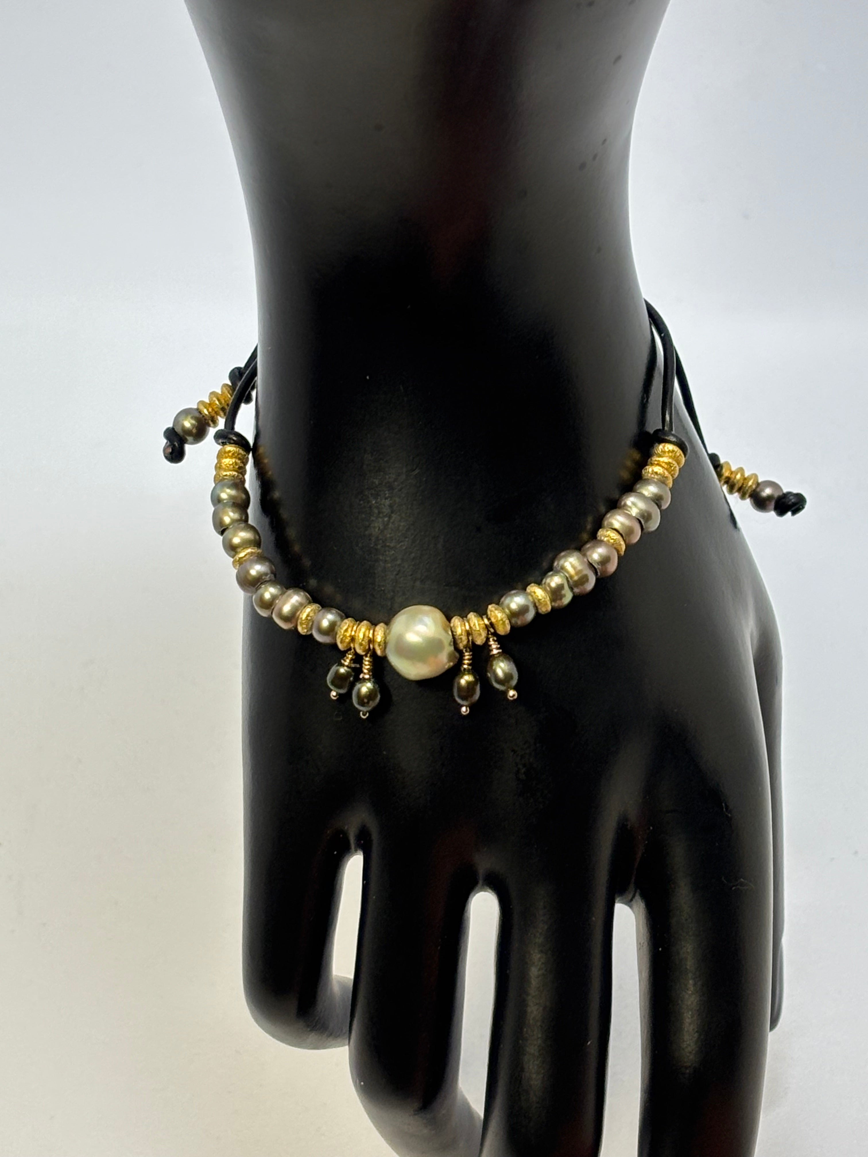Sage Green and Pink Pearls with Gold on black leather slider bracelet