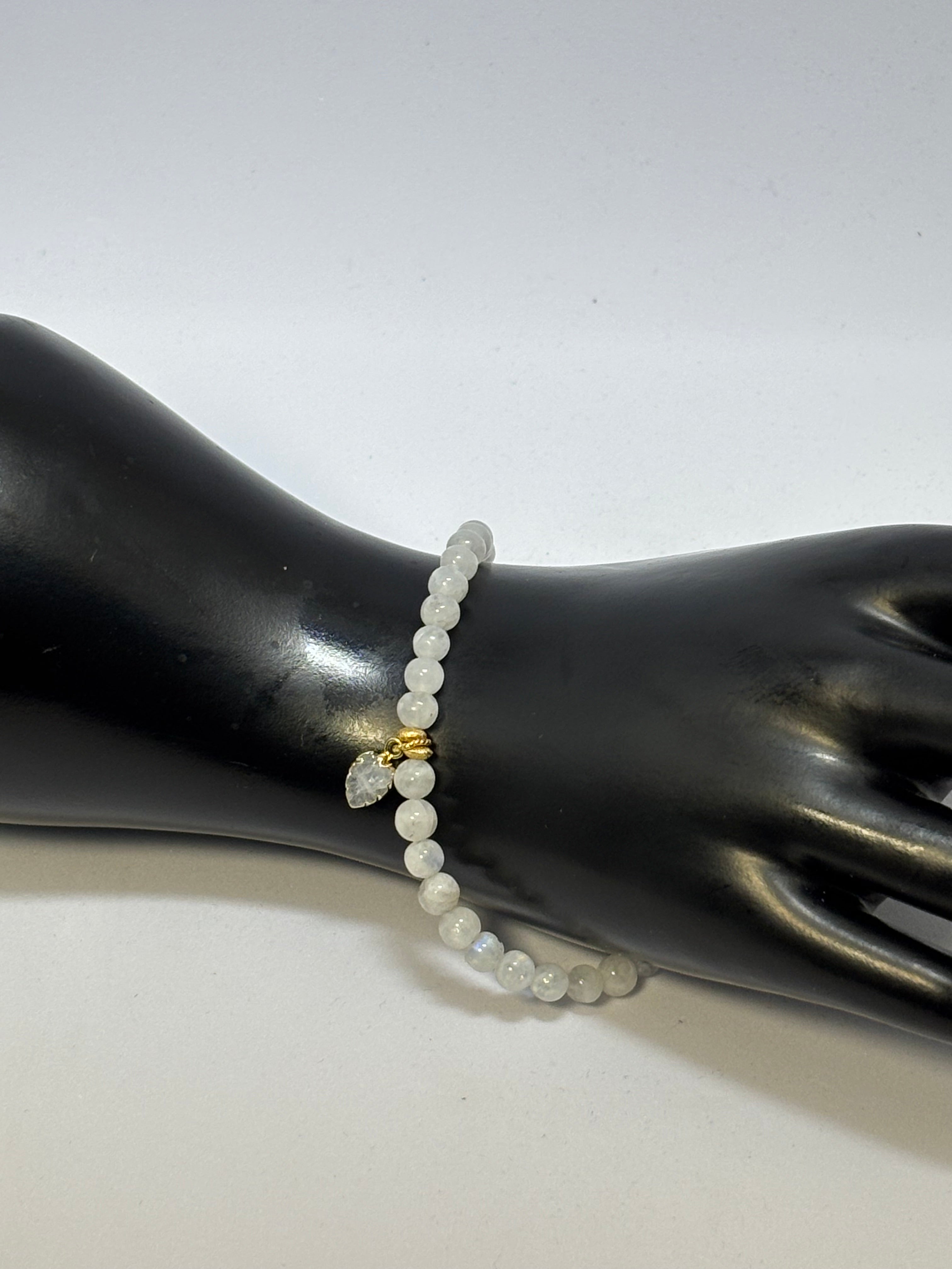 Rainbow Moonstone with Leaf Pendant and Gold bracelet