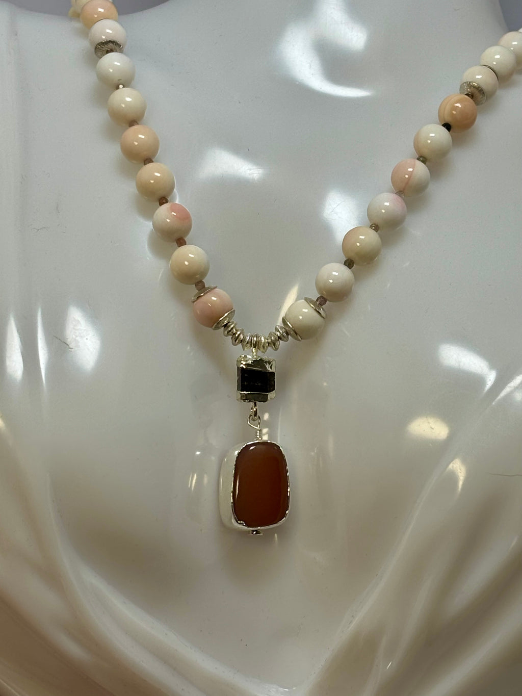 Peach Moonstone, Shell and Tourmaline with Sterling Silver necklace