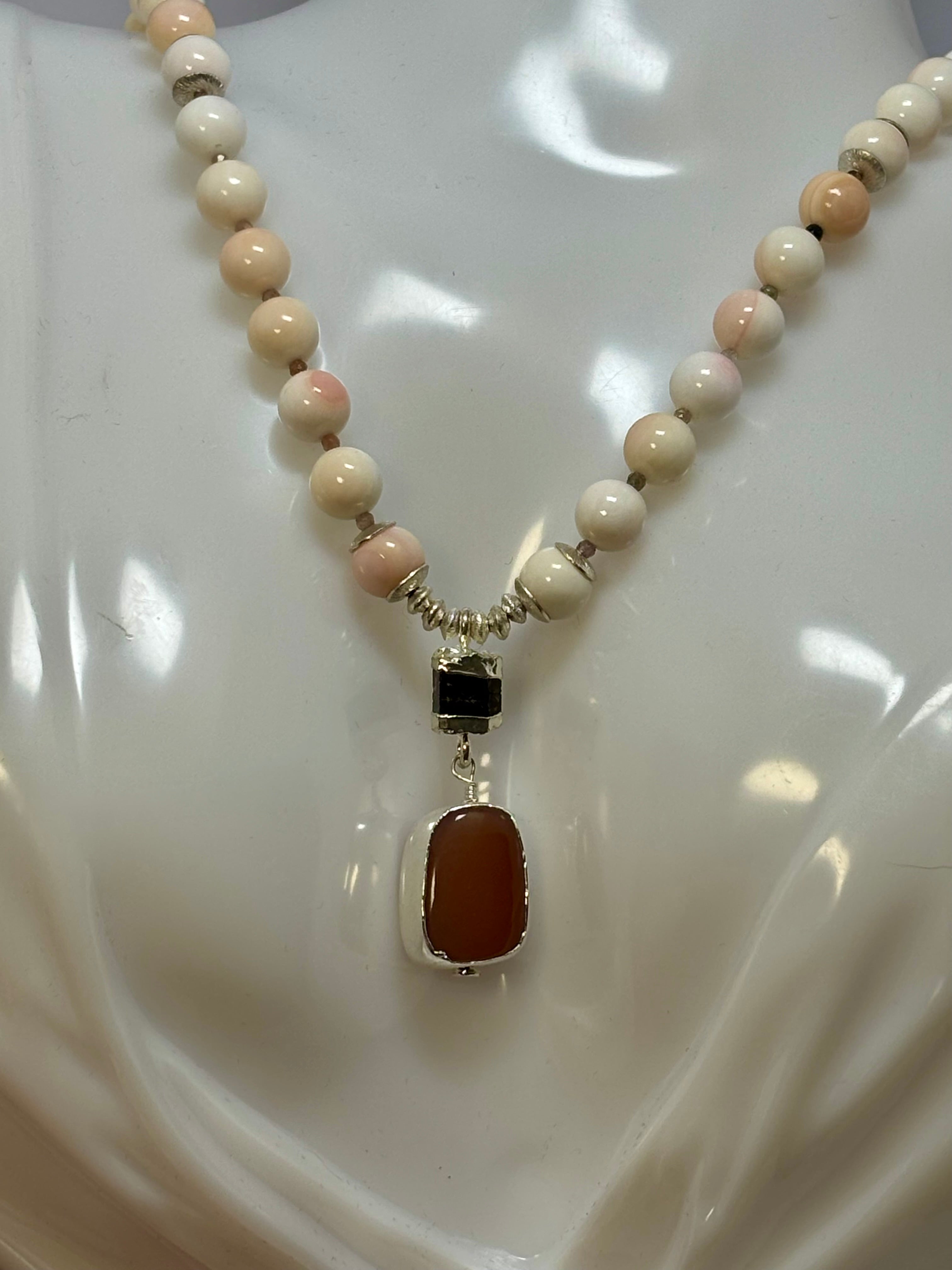 Peach Moonstone, Shell and Tourmaline with Sterling Silver necklace