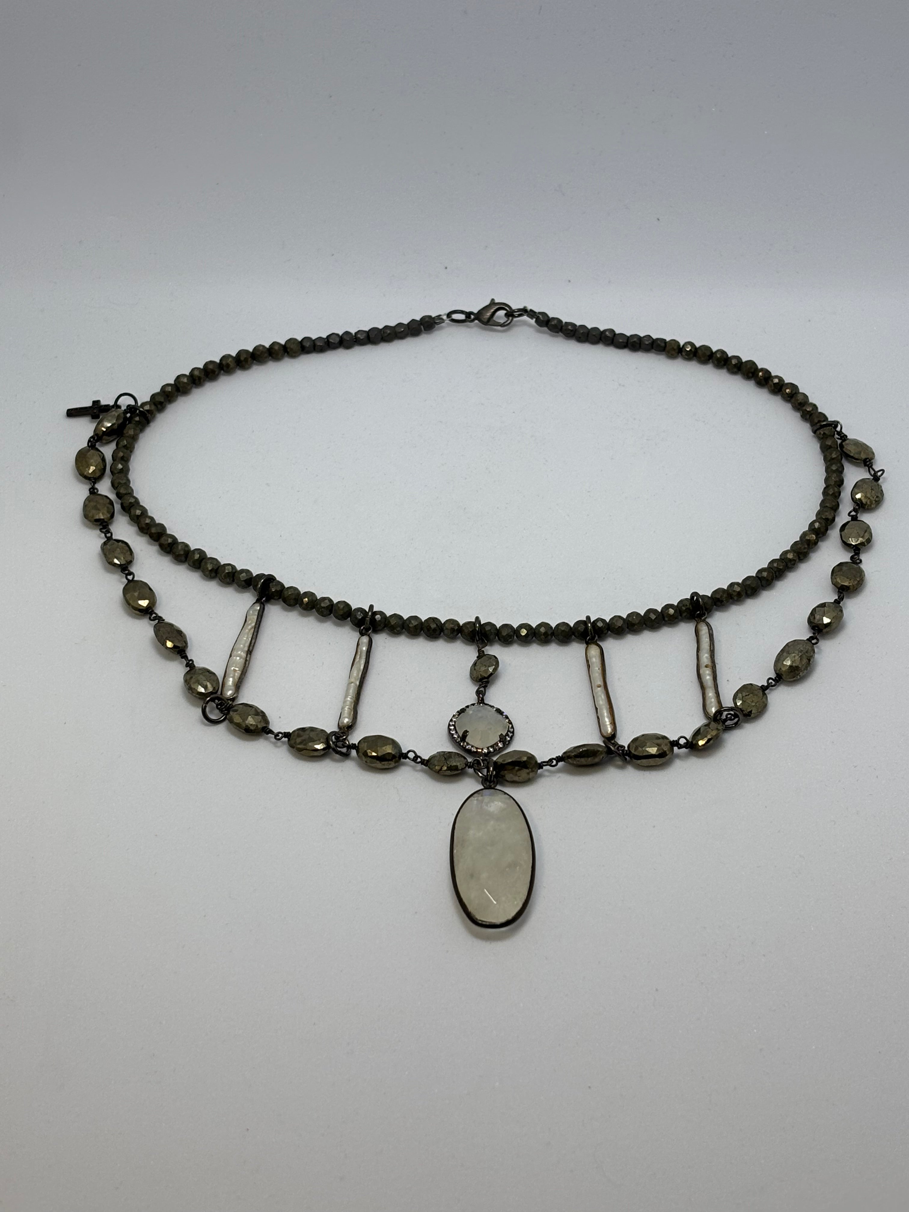 Pyrite, Rainbow Moonstone, Biwa Pearls with Black Gold double layer necklace