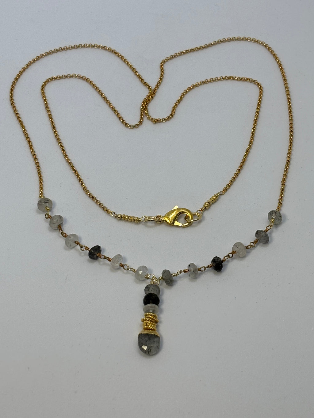 Tourmalinated Quartz and Gold necklace